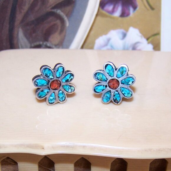 Native American Sterling Silver Coral Turquoise Inlay Clip Earrings - Picture 2 of 7